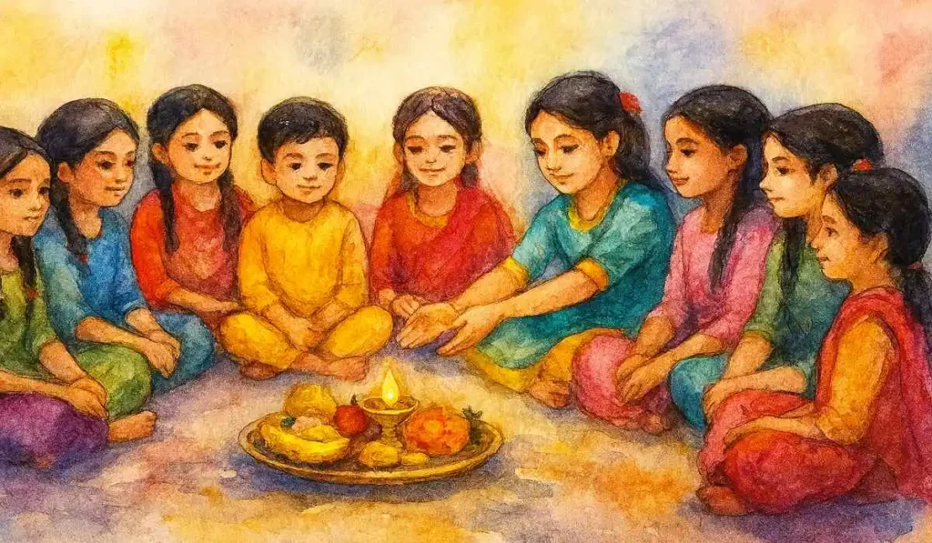 Kanya Puja with nine girls and one langur