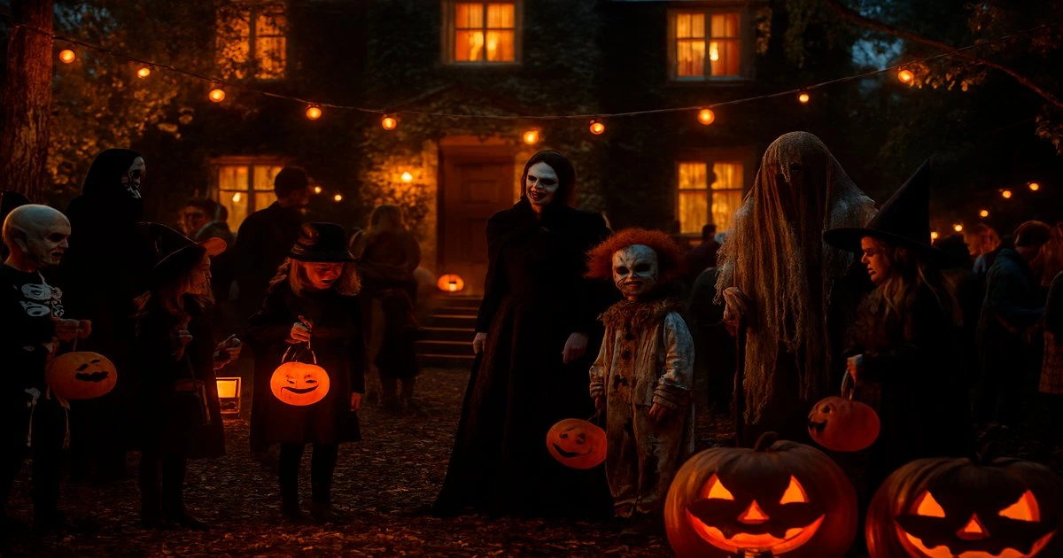 Halloween celebration with pumpkins and costumes.