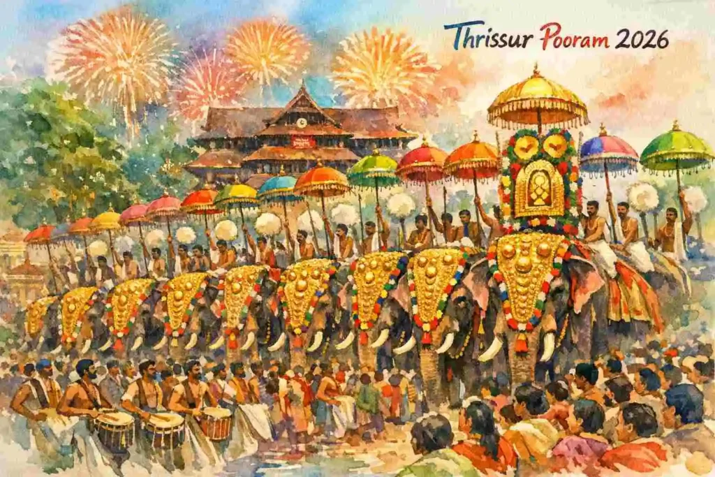 Thrissur Pooram 2026 elephant procession with majestic golden netipattam